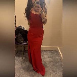 red one shoulder floor length gown